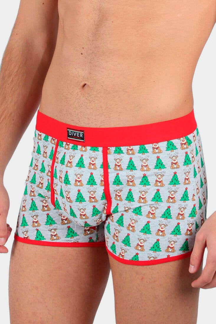 Mens Ugly Christmas Boxer with Reindeers and Christmas Trees
