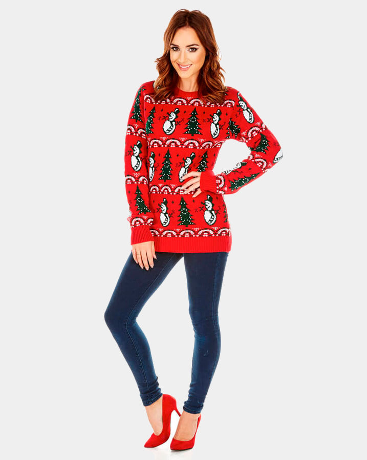 Red Ugly Christmas Sweater with Trees and Snowmens Womens