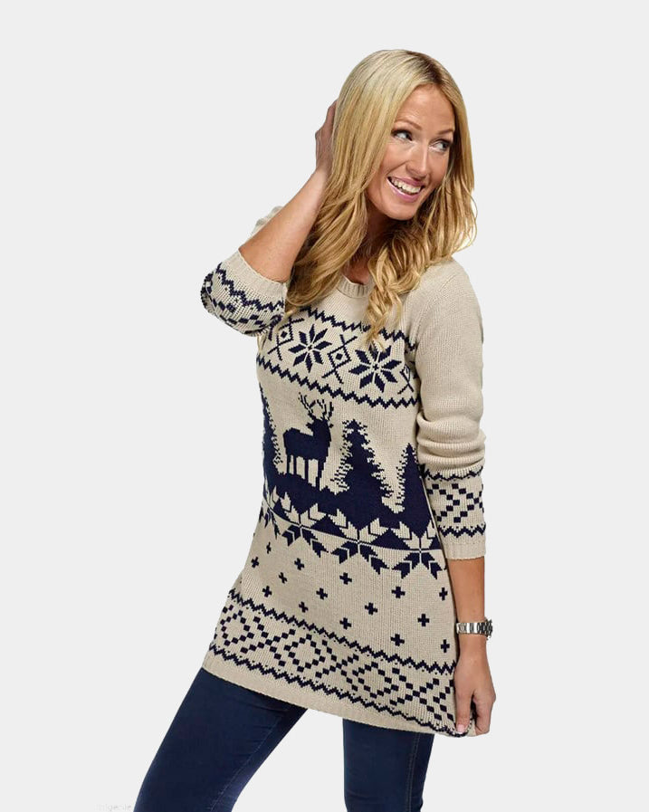 Beige and Blue Classic Womens Ugly Christmas Dress