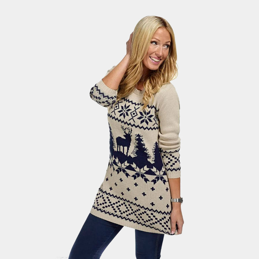 Beige and Blue Classic Womens Ugly Christmas Dress