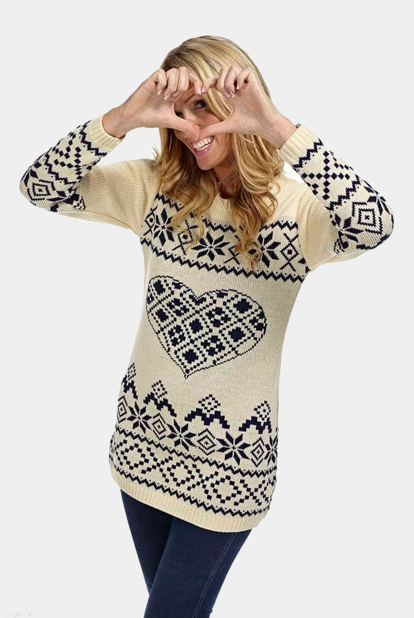 Beige Womens Ugly Christmas Dress with Heart