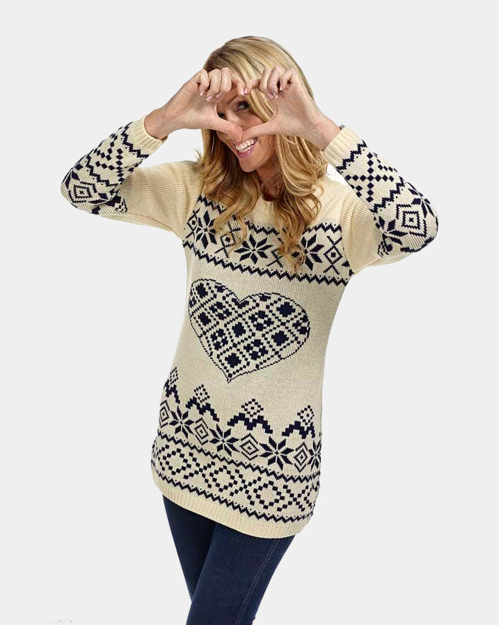Beige Womens Ugly Christmas Dress with Heart