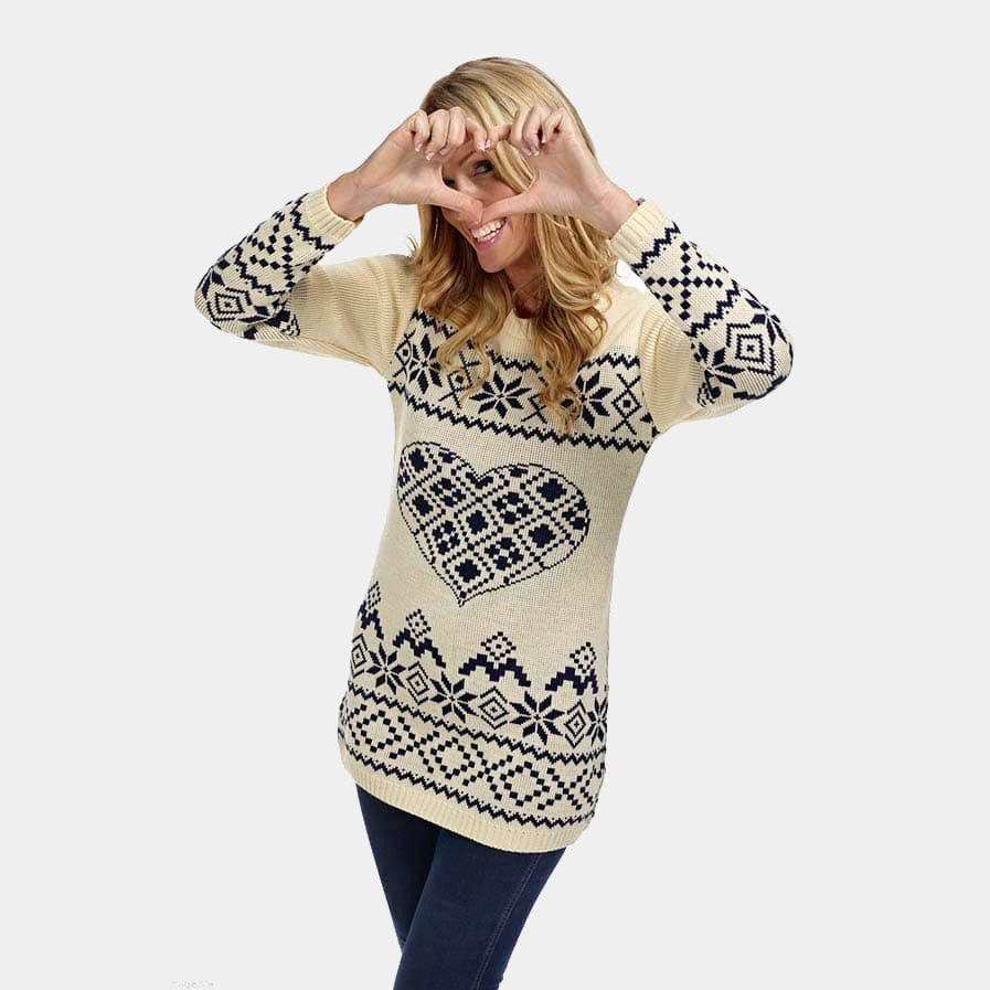 Beige Womens Ugly Christmas Dress with Heart