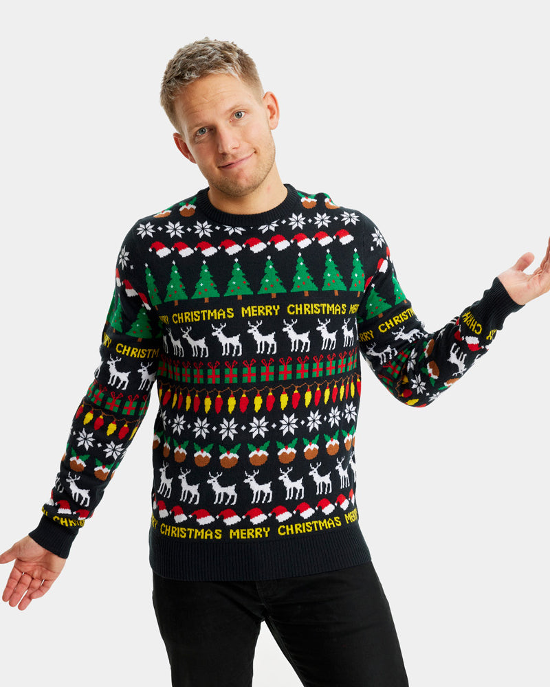 Mens Black Family Ugly Christmas Sweater with Trees, Reindeers and Gifts