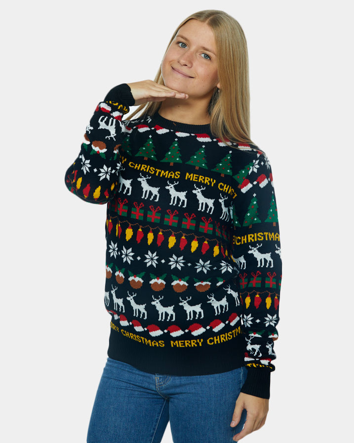 Womens Black Family Ugly Christmas Sweater with Trees, Reindeers and Gifts