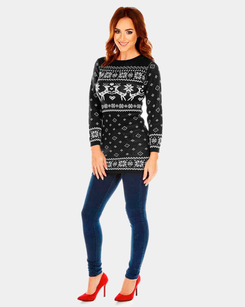 Womens Black Ugly Christmas Dress with Reindeers
