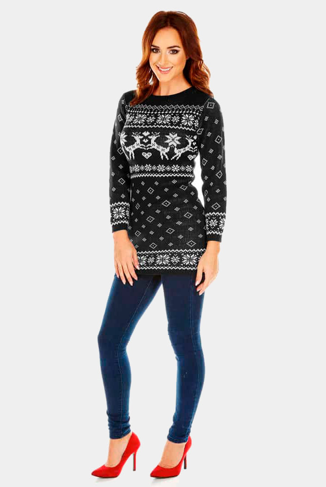 Womens Black Ugly Christmas Dress with Reindeers