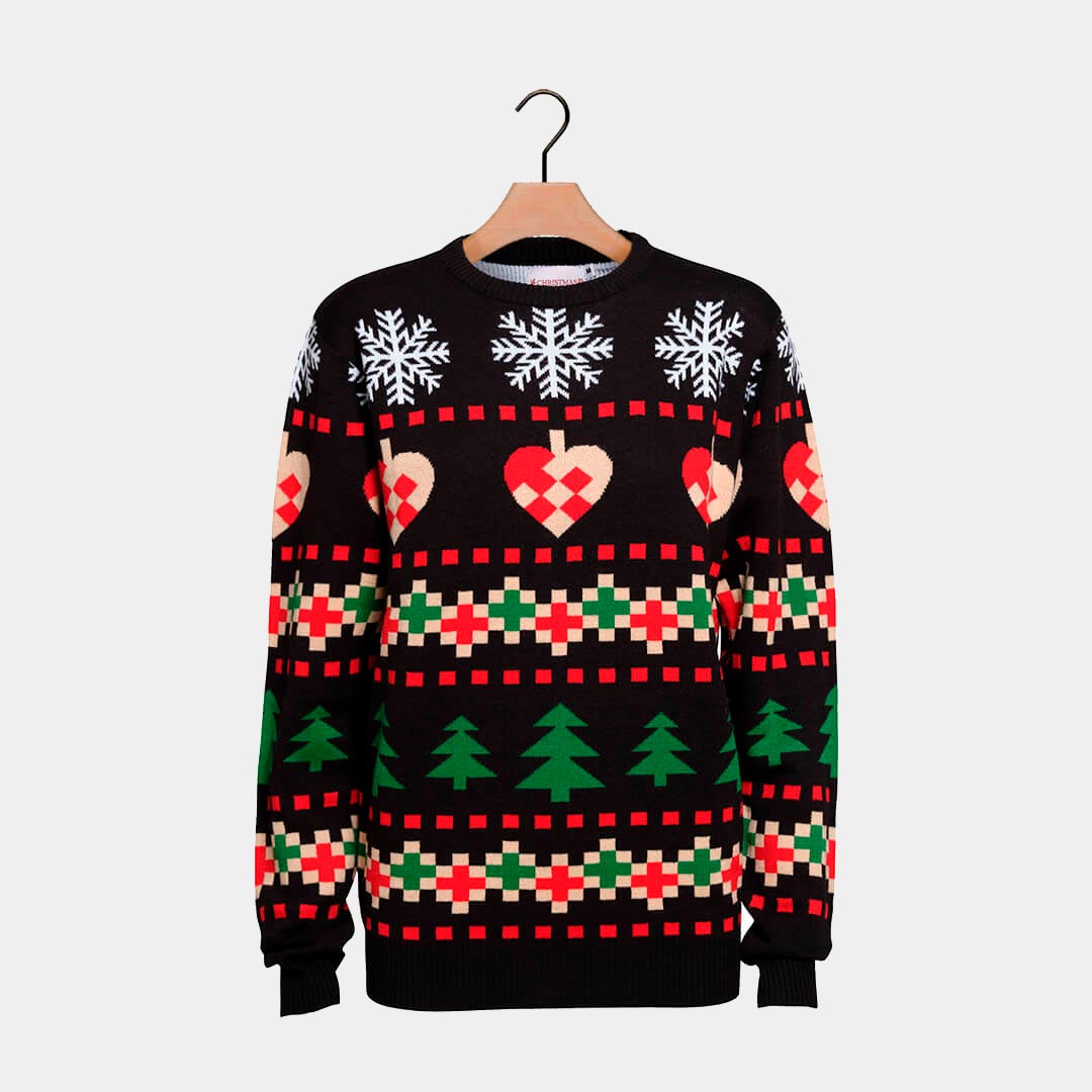 Black Ugly Christmas Sweater with Snow, Hearts and Trees