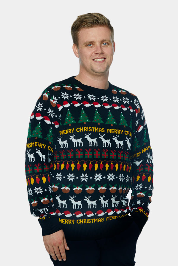 Mens Black Ugly Christmas Sweater with Trees, Reindeers and Gifts