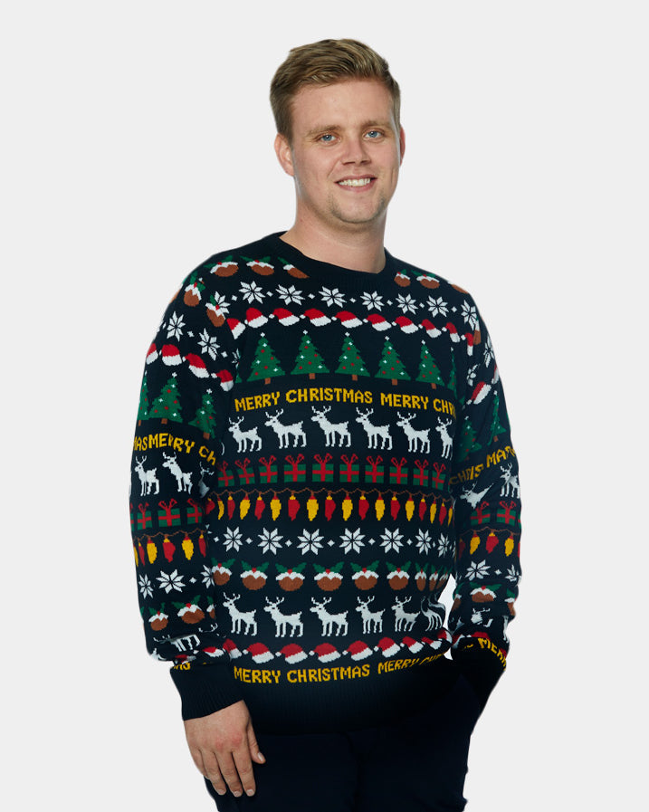 Mens Black Ugly Christmas Sweater with Trees, Reindeers and Gifts