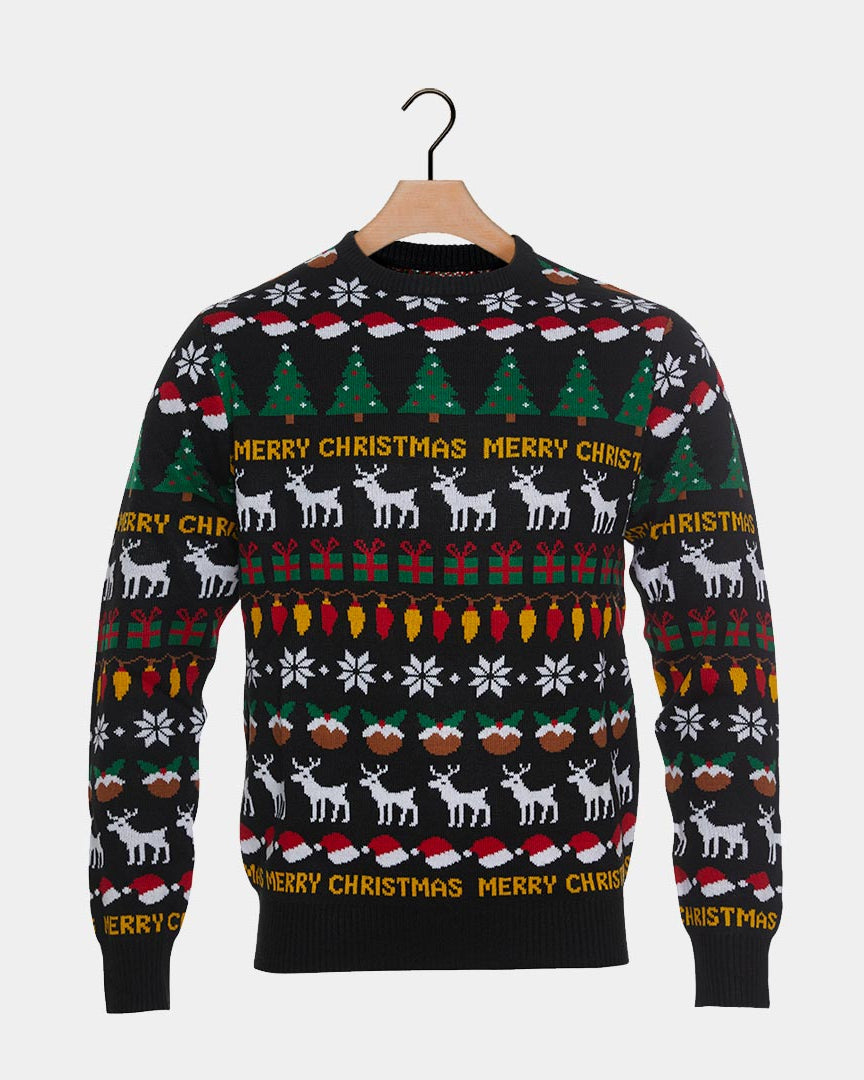 Black Ugly Christmas Sweater with Trees, Reindeers and Gifts