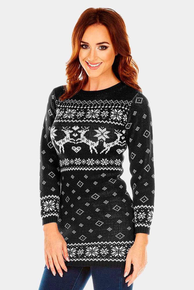 Black Womens Ugly Christmas Dress with Reindeers