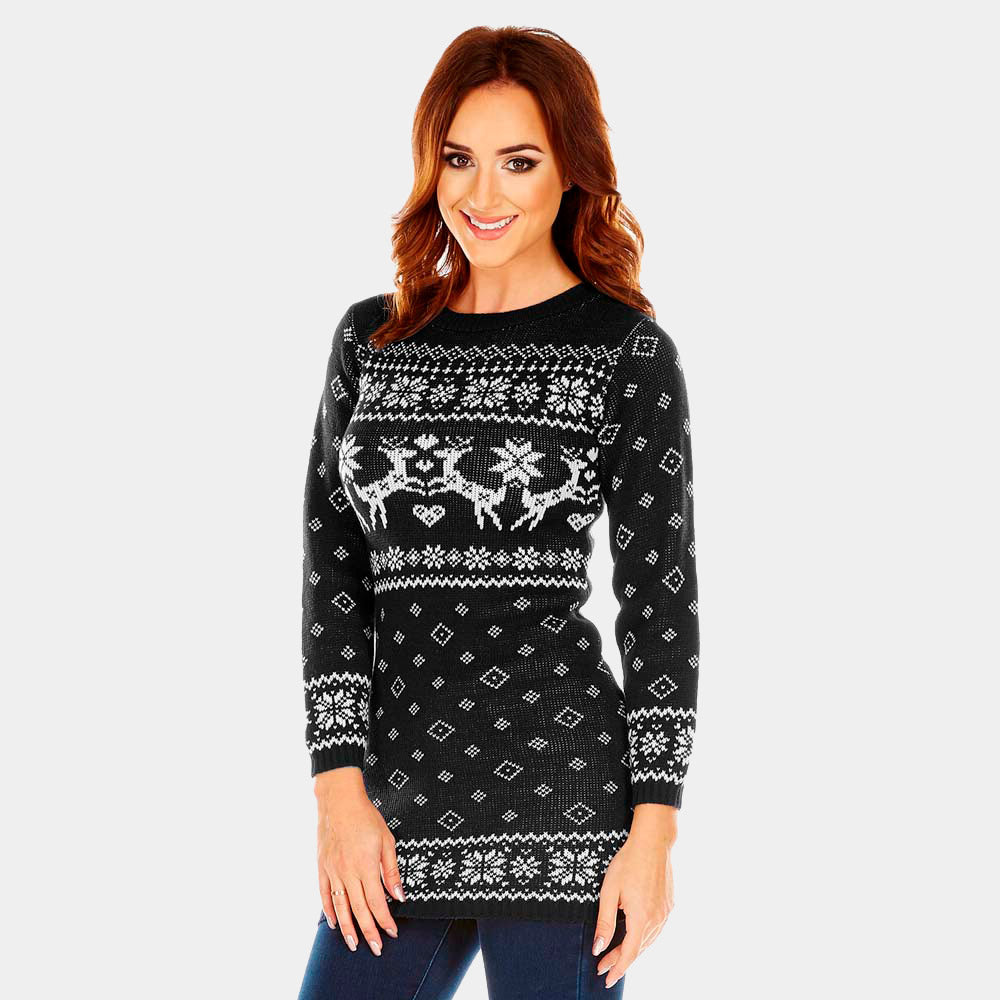 Black Womens Ugly Christmas Dress with Reindeers