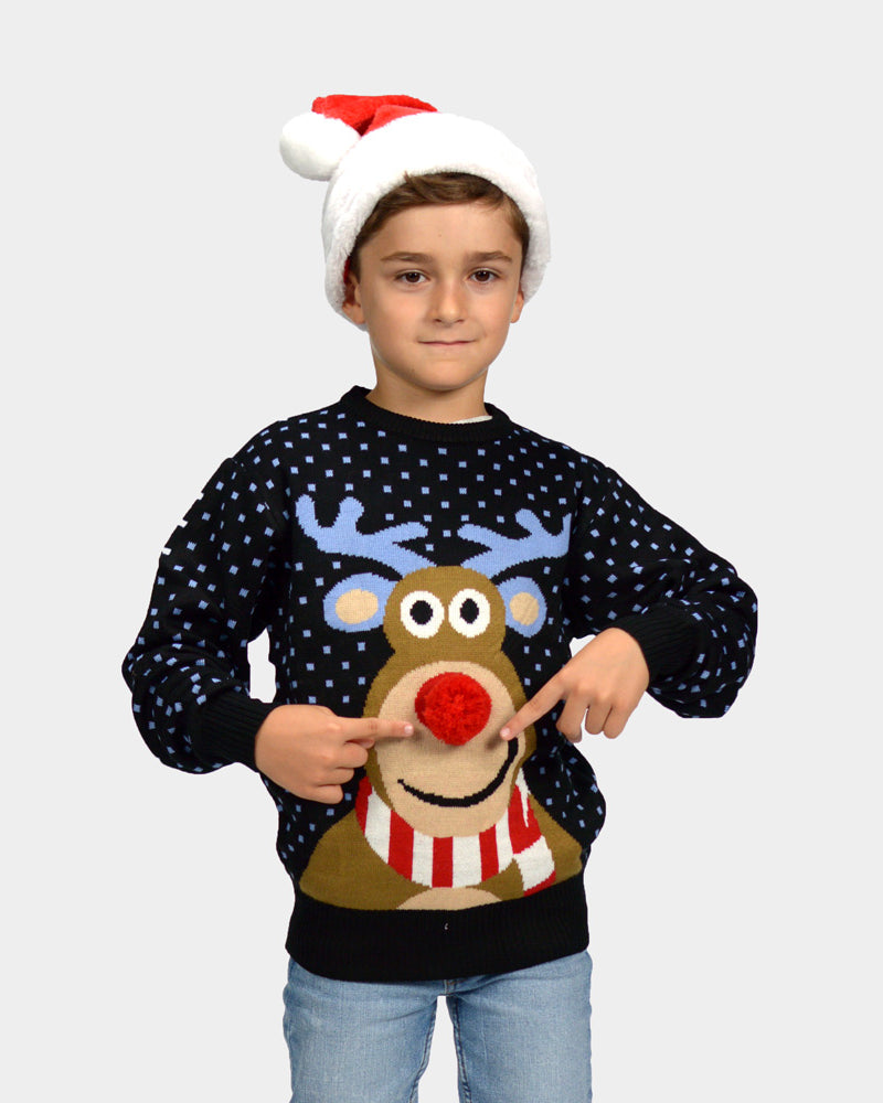 Boys Blue 3D Family Ugly Christmas Sweater Reindeer with Red Nosed