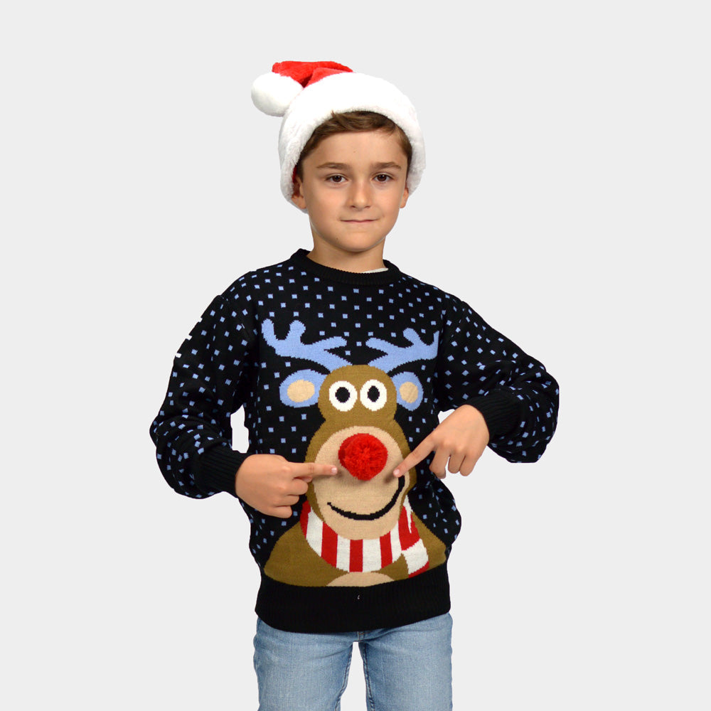 Boys Blue 3D Family Ugly Christmas Sweater Reindeer with Red Nosed