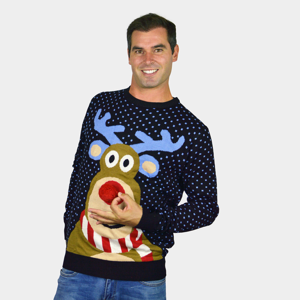 Mens Blue 3D Family Ugly Christmas Sweater Reindeer with Red Nosed