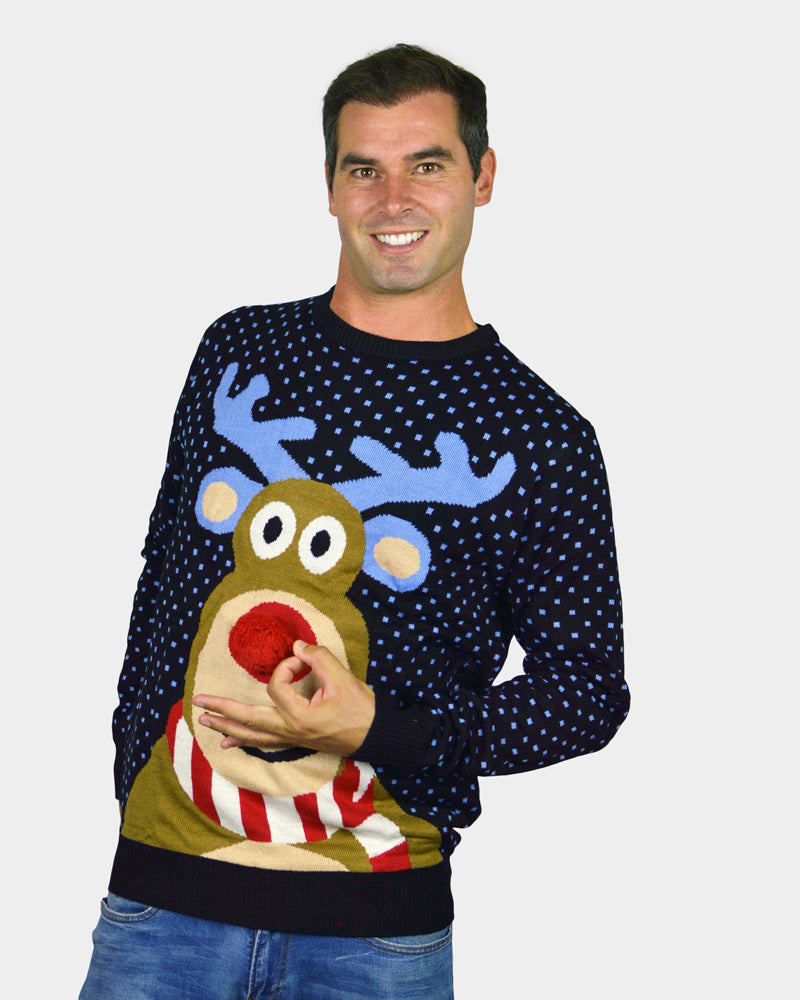 Mens Blue 3D Ugly Christmas Sweater Reindeer with Red Nosed
