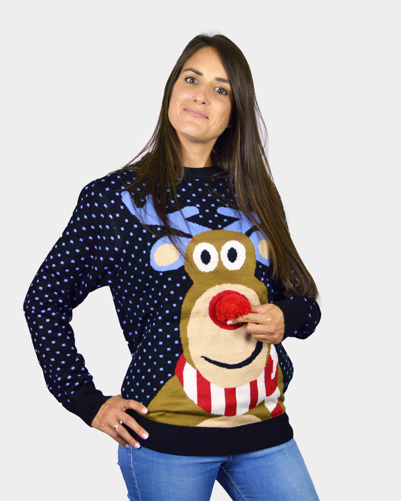 Womens Blue 3D Ugly Christmas Sweater Reindeer with Red Nosed