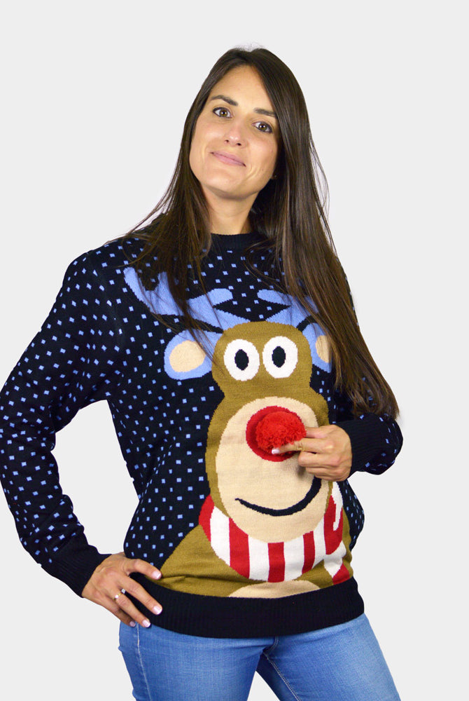 Womens Blue 3D Ugly Christmas Sweater Reindeer with Red Nosed