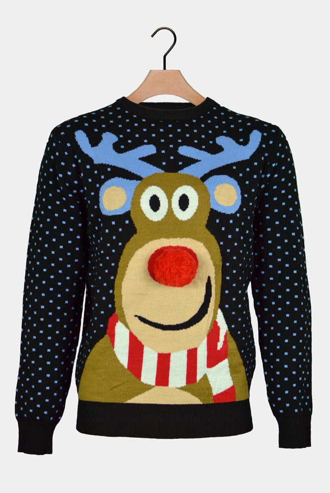 Blue 3D Ugly Christmas Sweater Reindeer with Red Nosed
