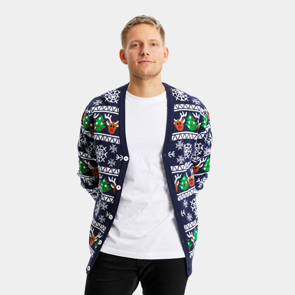 Blue Cardigan Ugly Christmas Sweater with Reindeers and Trees mens