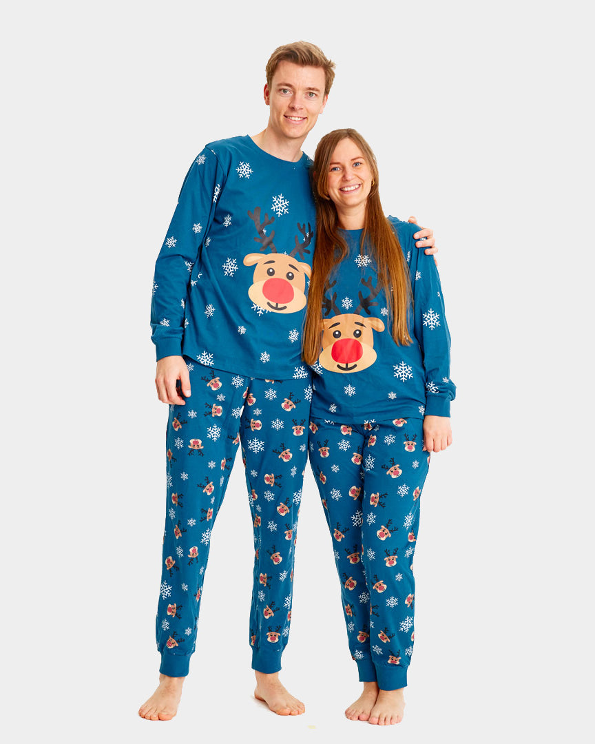 Blue Ugly Christmas Piyama for Family with Rudolph the Reindeer couple