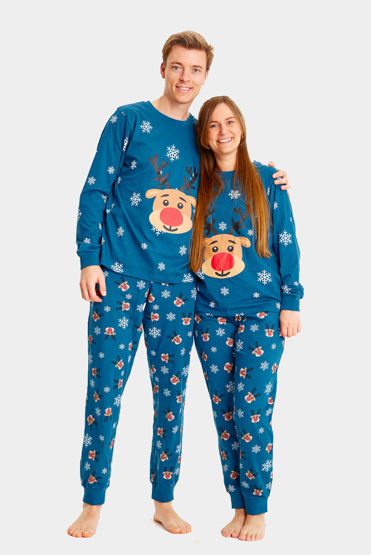 Blue Ugly Christmas Piyama for Family with Rudolph the Reindeer couple