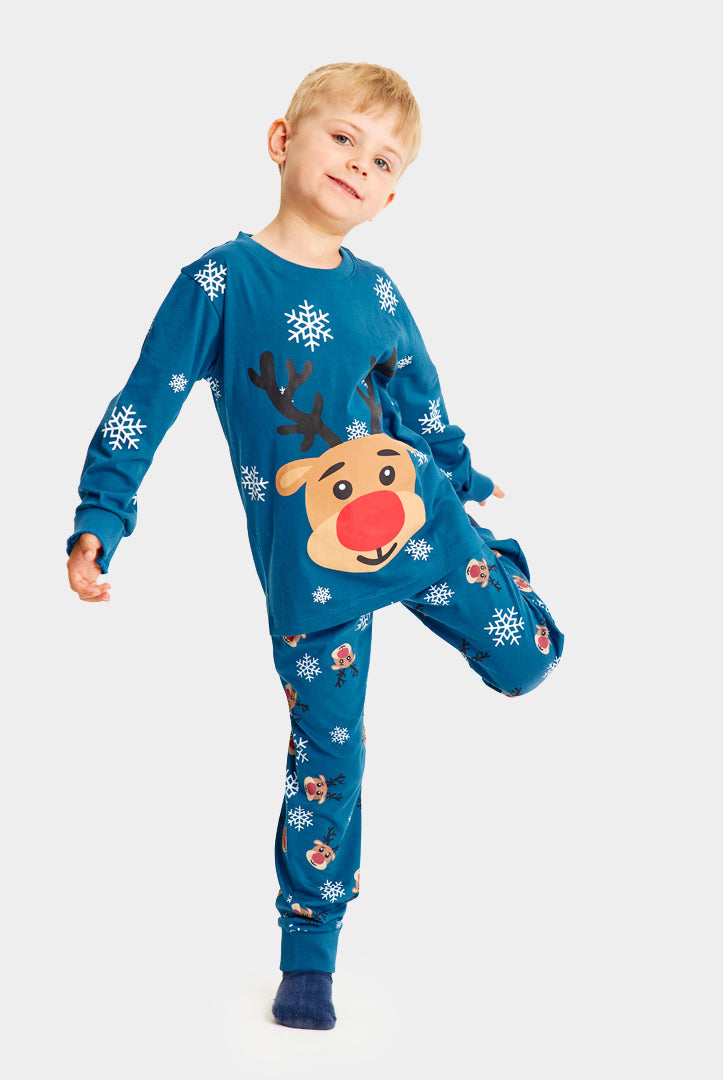 Blue Ugly Christmas Piyama for Family with Rudolph the Reindeer kids