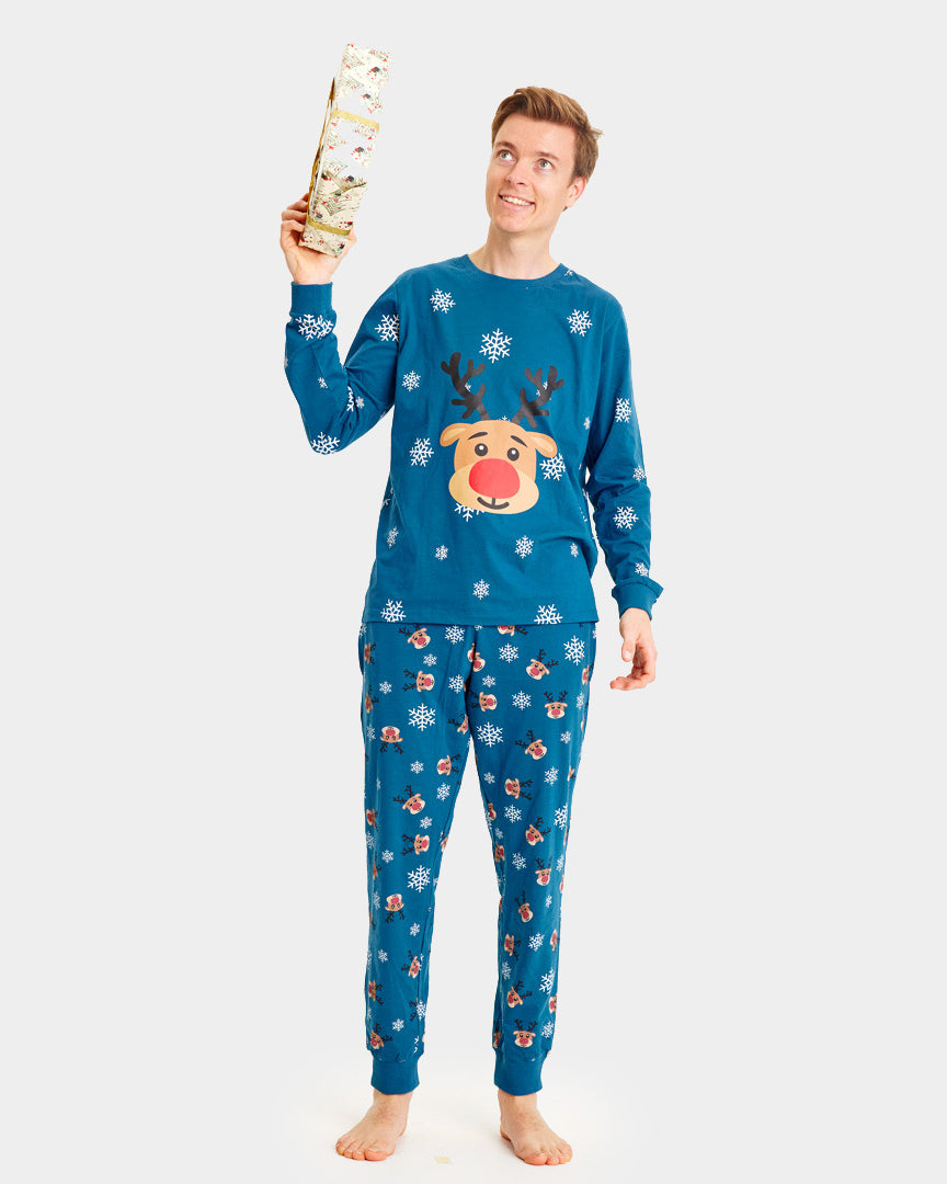 Blue Ugly Christmas Piyama for Family with Rudolph the Reindeer mens