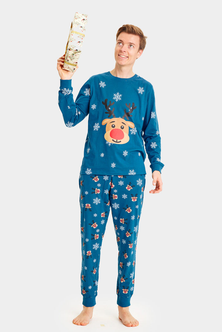 Blue Ugly Christmas Piyama for Family with Rudolph the Reindeer mens