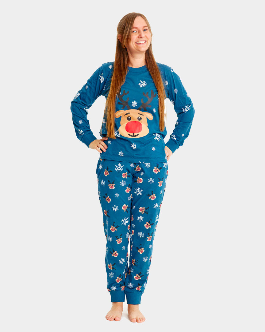 Blue Ugly Christmas Piyama for Family with Rudolph the Reindeer womens
