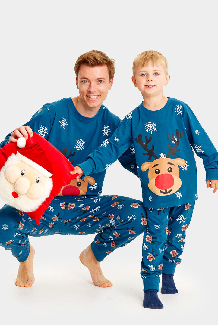 Blue Ugly Christmas Piyama for Family with Rudolph the Reindeer