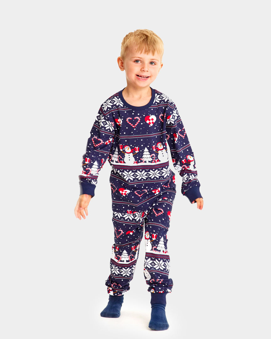 Blue Ugly Christmas Piyama for Family with Snowmen and Hearts kids
