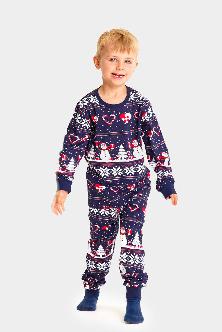 Blue Ugly Christmas Piyama for Family with Snowmen and Hearts kids