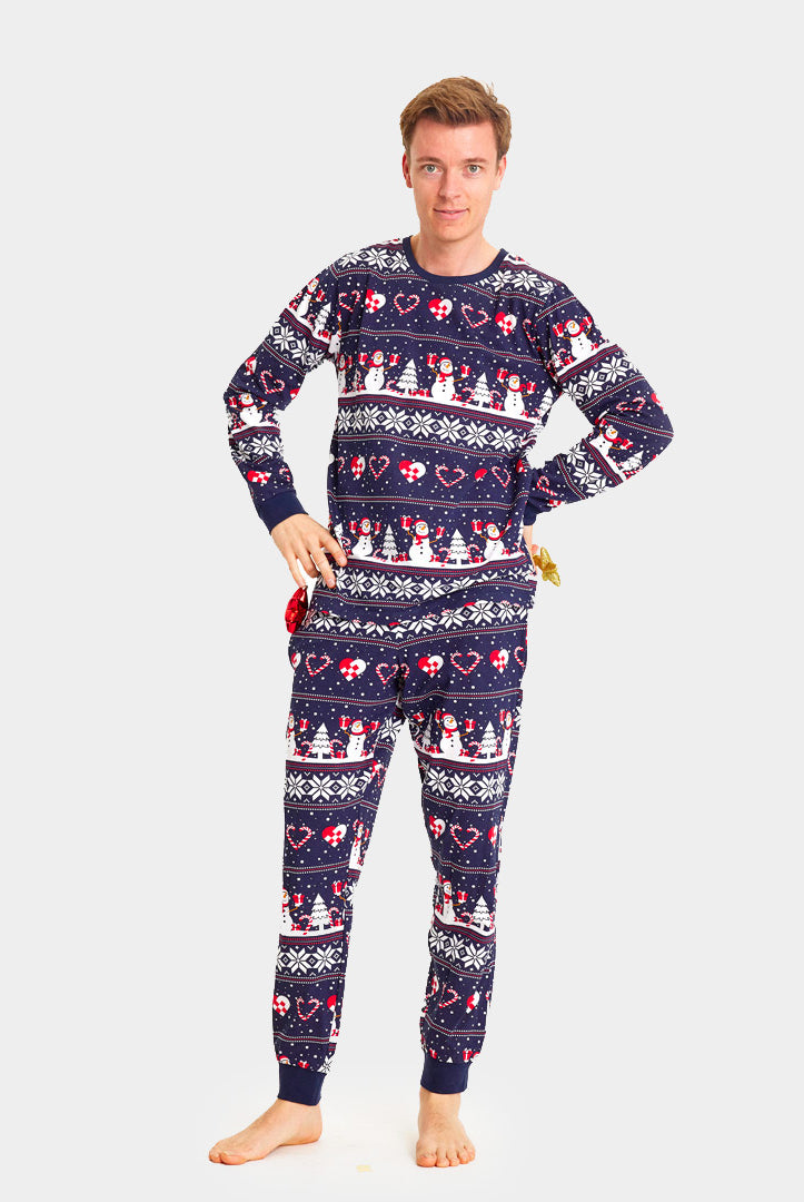 Blue Ugly Christmas Piyama for Family with Snowmen and Hearts mens