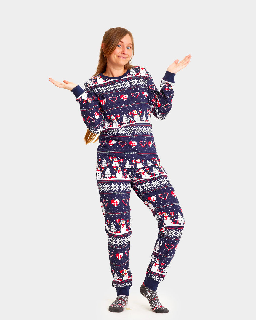 Blue Ugly Christmas Piyama for Family with Snowmen and Hearts womens