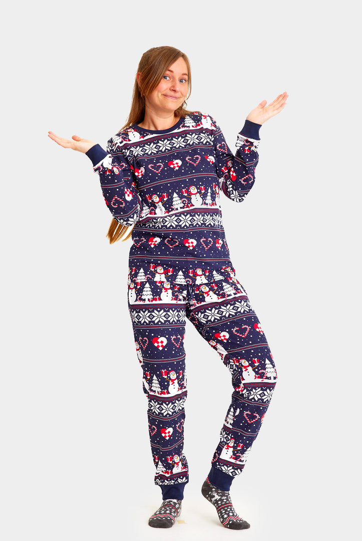 Blue Ugly Christmas Piyama for Family with Snowmen and Hearts womens