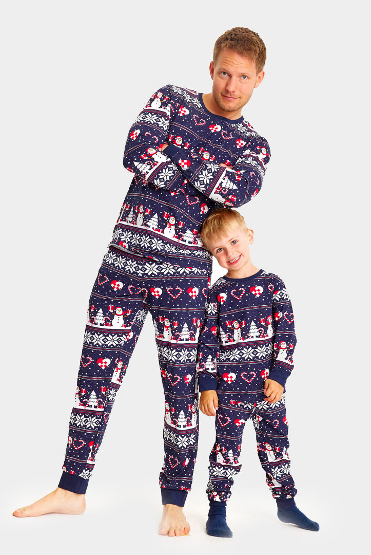 Blue Ugly Christmas Piyama for Family with Snowmen and Hearts