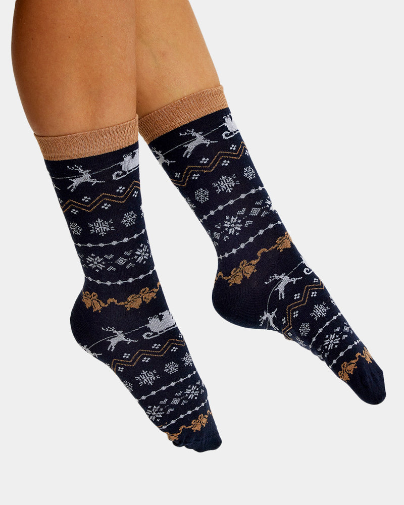 Blue Unisex Ugly Christmas Socks with Reindeers and Snow womens and mens