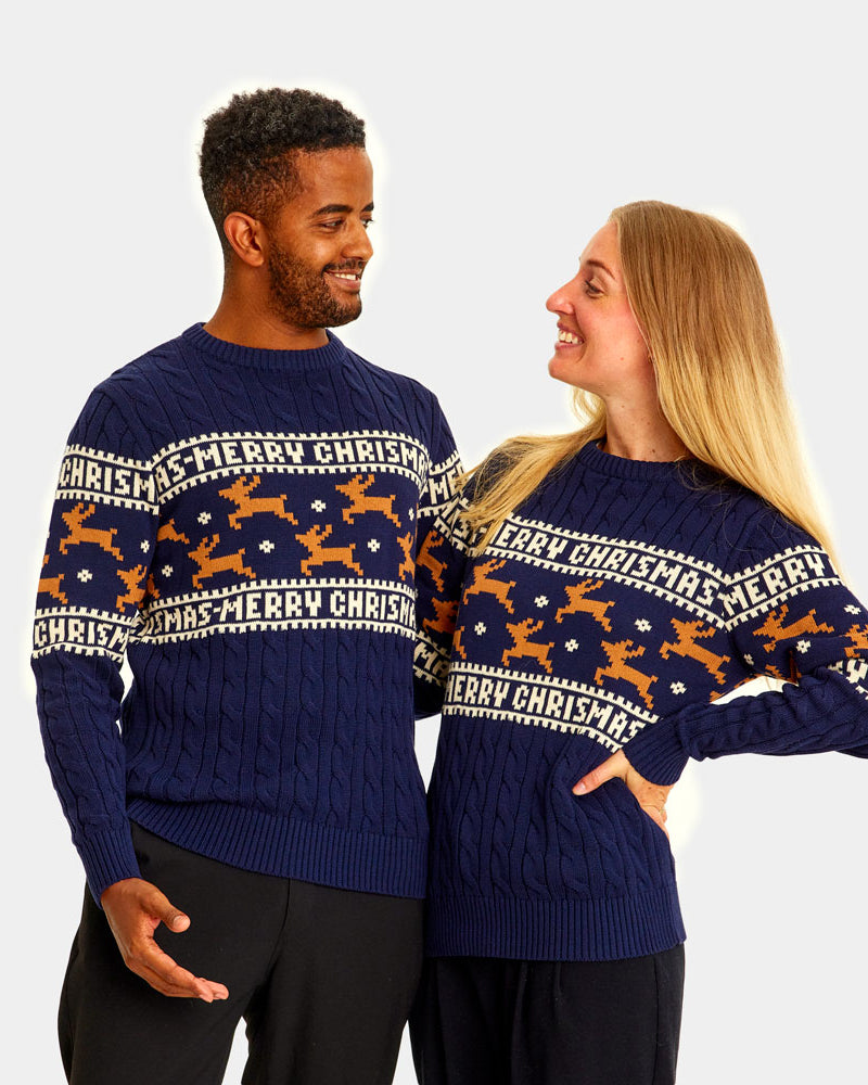 Classy Blue Organic Cotton Ugly Christmas Sweater with Reindeers couple 1