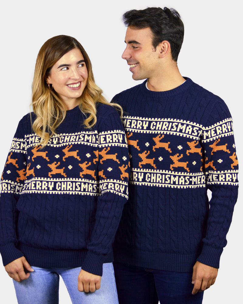 Classy Blue Organic Cotton Ugly Christmas Sweater with Reindeers couple