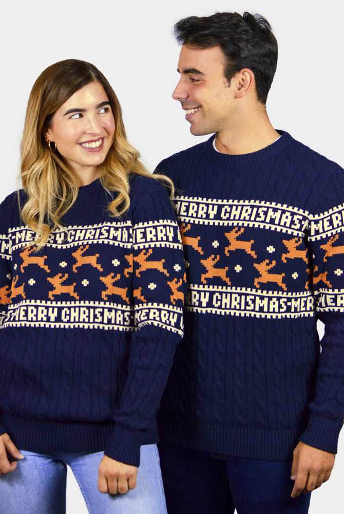 Classy Blue Organic Cotton Ugly Christmas Sweater with Reindeers couple