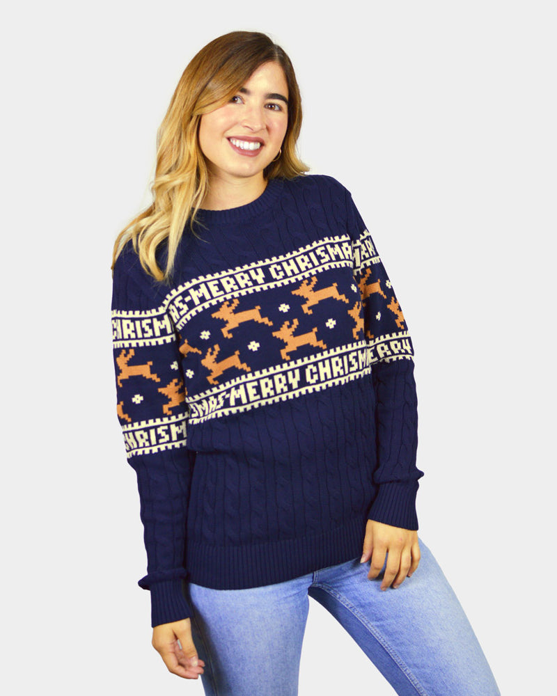 Classy Blue Organic Cotton Ugly Christmas Sweater with Reindeers womens