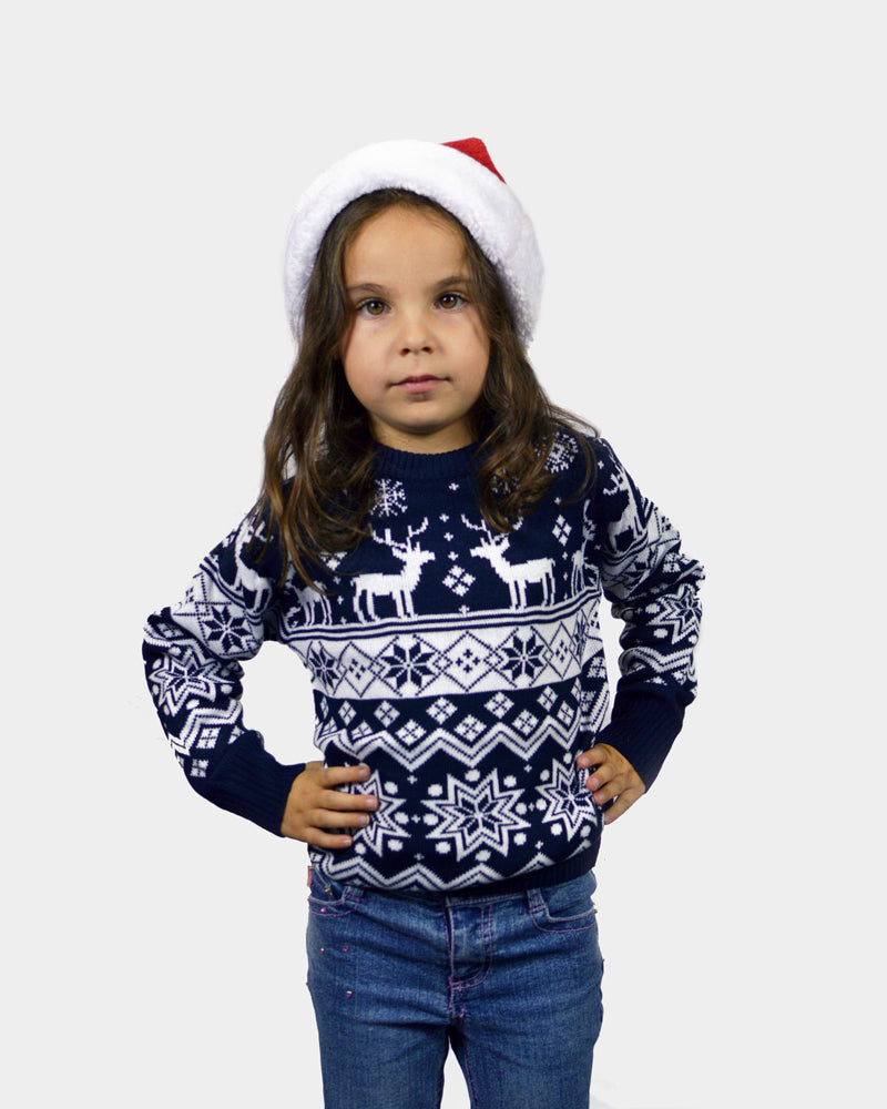 Kids Blue Family Ugly Christmas Sweater with Reindeers and Nordic Stars