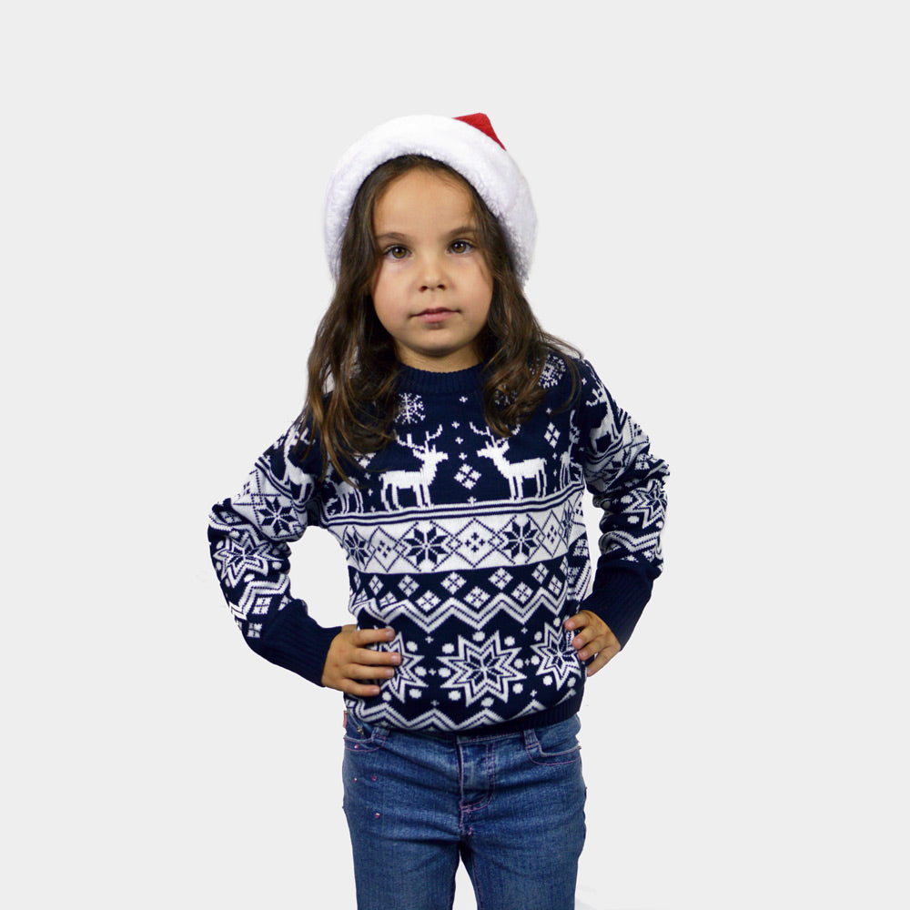 Kids Blue Family Ugly Christmas Sweater with Reindeers and Nordic Stars