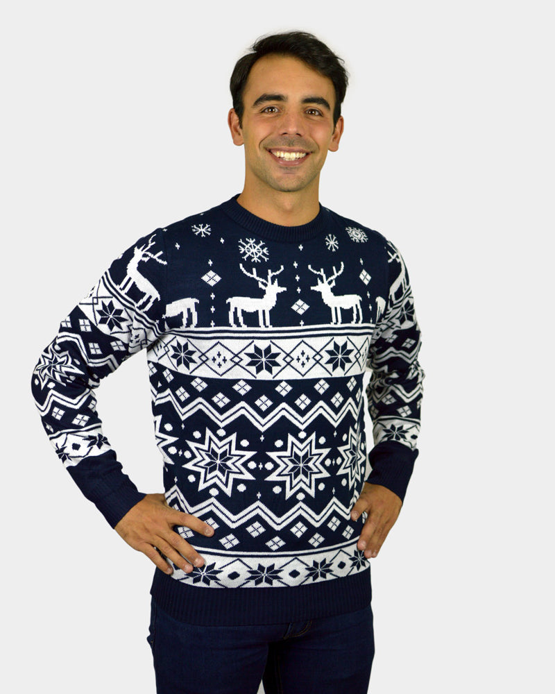 Mens Blue Family Ugly Christmas Sweater with Reindeers and Nordic Stars