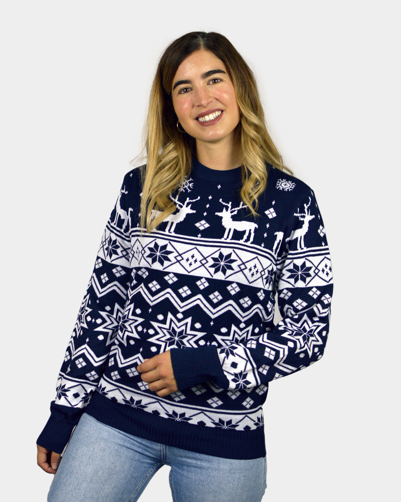 Womens Blue Family Ugly Christmas Sweater with Reindeers and Nordic Stars