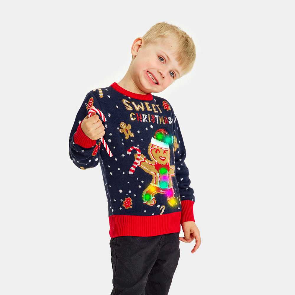 Blue LED light up Boys and Girls Ugly Christmas Sweater Ginger Cookie Ugly Christmas Sweaters