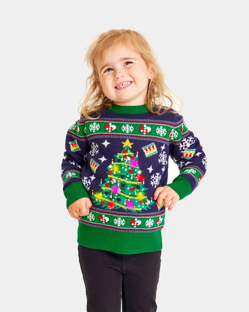 Blue LED light-up Family Ugly Christmas Sweater with Christmas Tree Girls