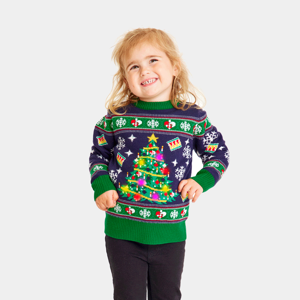 Blue LED light-up Family Ugly Christmas Sweater with Christmas Tree Girls